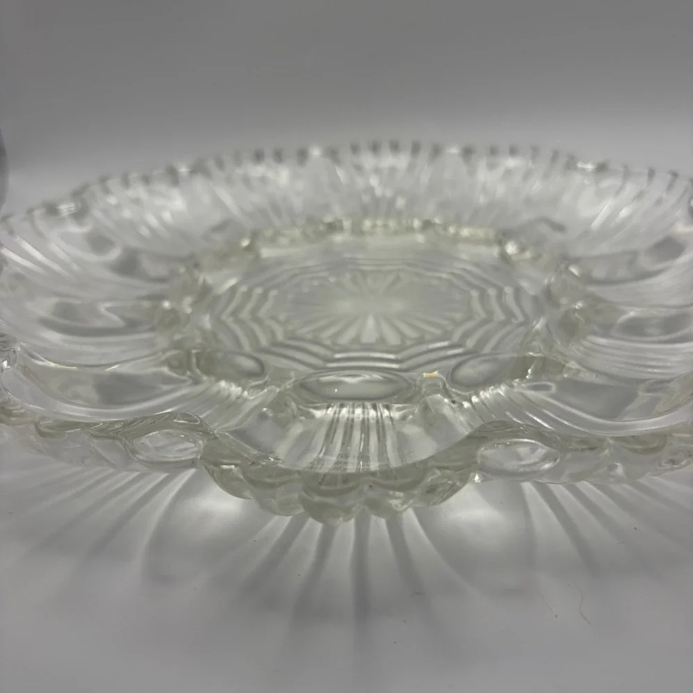 Vintage Clear Glass Deviled Egg Platter Scalloped Shell Design 9 Inch Round Tray
